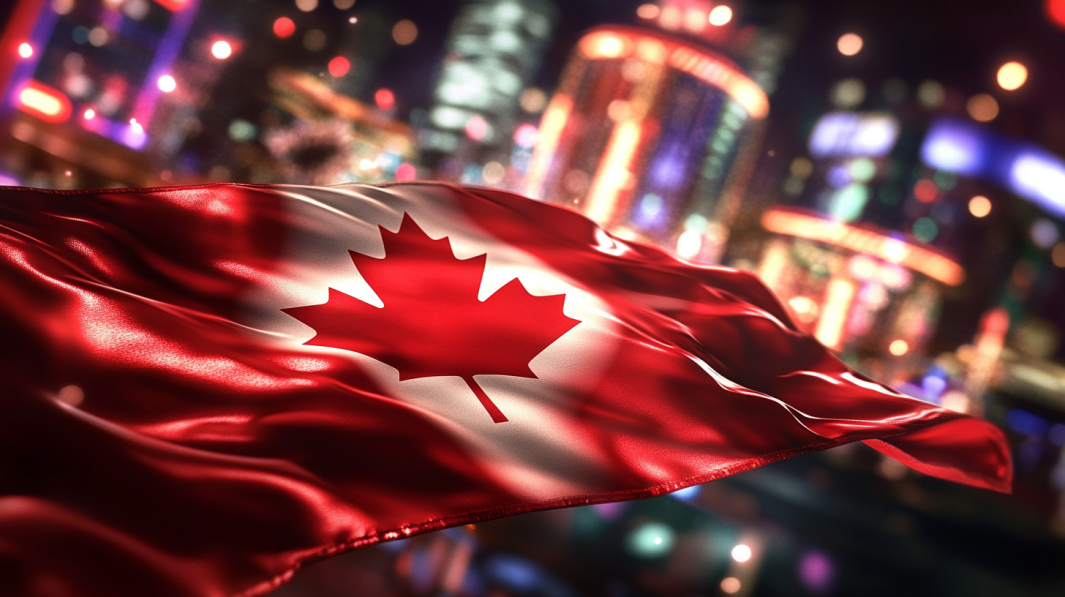 A Waving Canadian Flag Against a Backdrop of A Vibrant, Illuminated Cityscape, Representing the Online Casino Industry in Canada